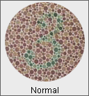 Image représentant une vision normal où le chiffre trois de couleur verte se détache du fond rouge